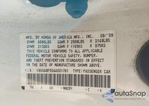 2010 Acura Tl 3.5 z USA, uszkodzony, nr VIN 19UUA8F50AA001761